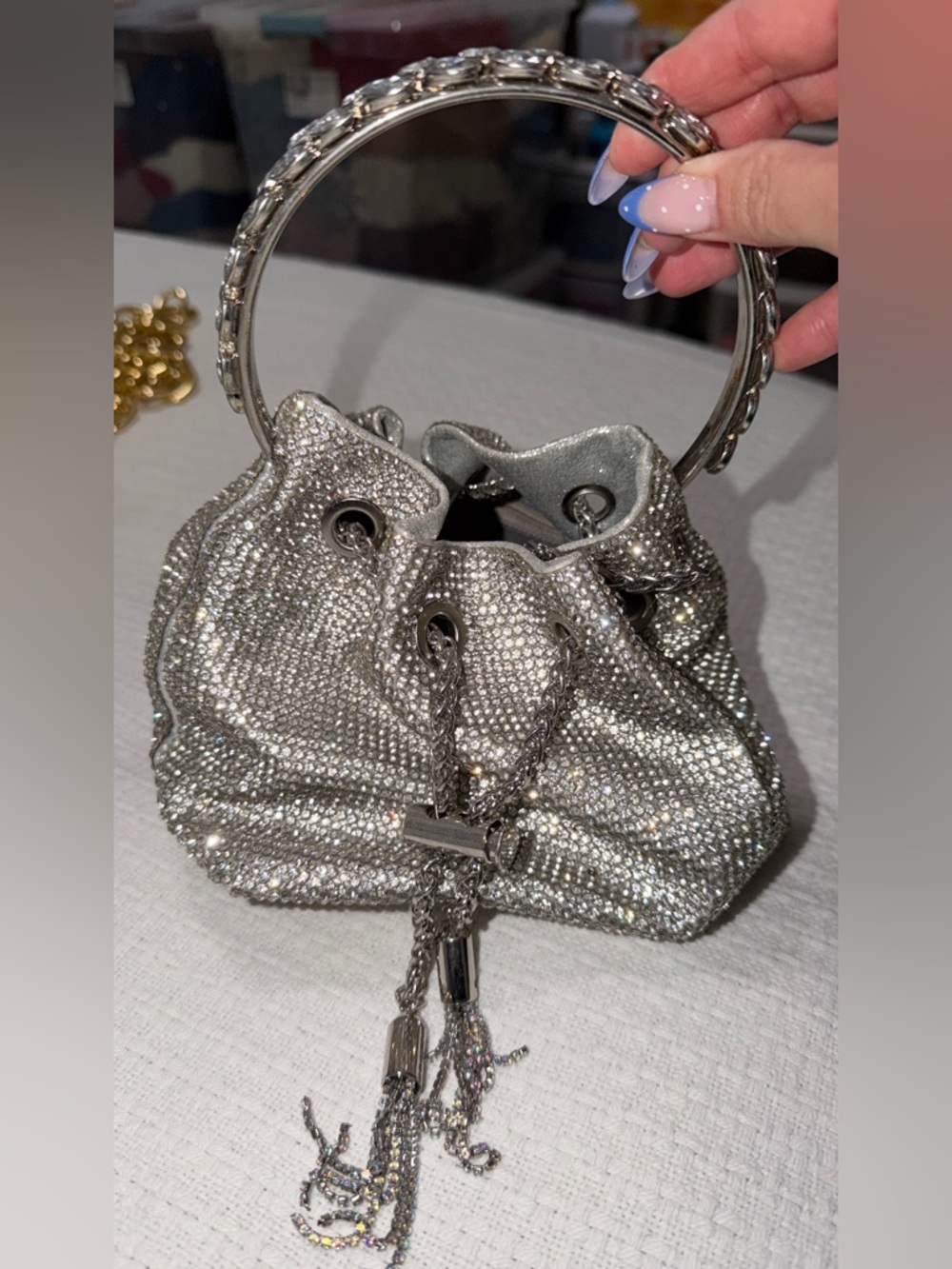 Silver Crystal Drawstring Mini Bag - Picture 2 of 3